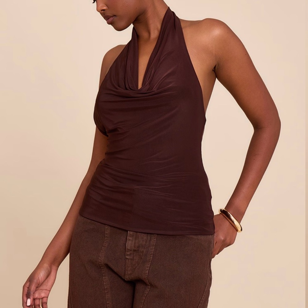PrettyLittleThing CHOCOLATE DOUBLE LAYER SLINKY BACKLESS TRIM DETAIL LONG TOP